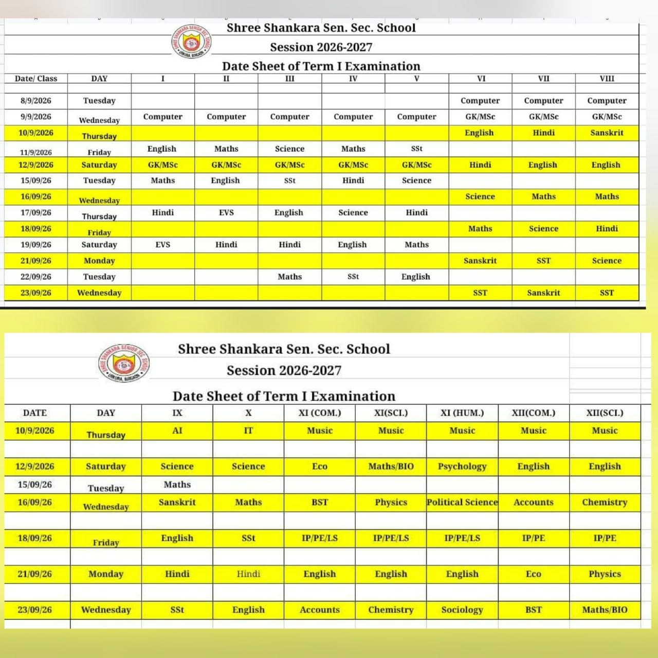 Image attached to notice: TERM–I EXAMINATION 2026–27